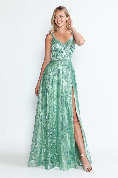 Glitter Embellished A-Line Gown with Corset Back & Stone Belt Formal Prom Dress by Lenovia 8235