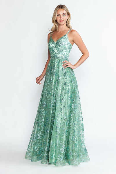 Glitter Embellished A-Line Gown with Corset Back & Stone Belt Formal Prom Dress by Lenovia 8235