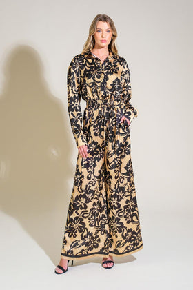 Flying Tomato 8592 Black Taupe Floral Print Long Sleeve Jumpsuit