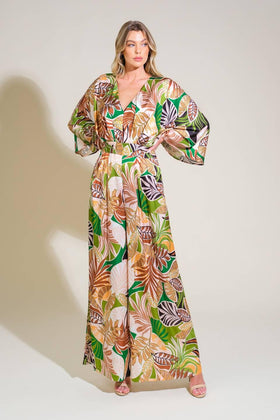 Flying Tomato 8596 Green Brown Floral Print Long Sleeve Jumpsuit