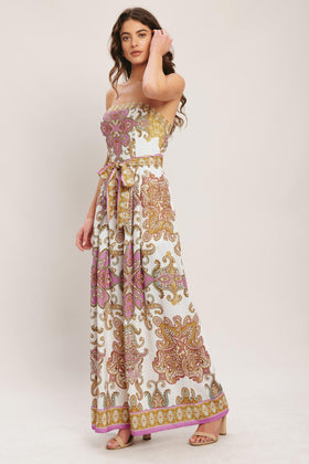 Flying Tomato 9096 Off White/Pink Strapless Printed Jumpsuit