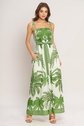Flying Tomato 9154 Ivory Green Printed Sleeveless Jumpsuit
