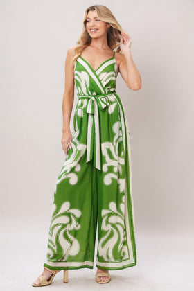 Flying Tomato 9184 Green/Ivory Printed Sleeveless Jumpsuit