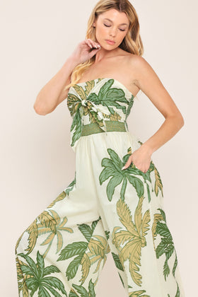 Flying Tomato 9239 Ivory Olive Strapless Printed Jumpsuit