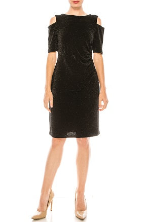 ILE Clothing LUR1384 Side Pleat Cold Shoulder Shimmer Scuba Sheath Dress