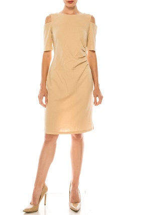ILE Clothing LUR1384 Side Pleat Cold Shoulder Shimmer Scuba Sheath Dress