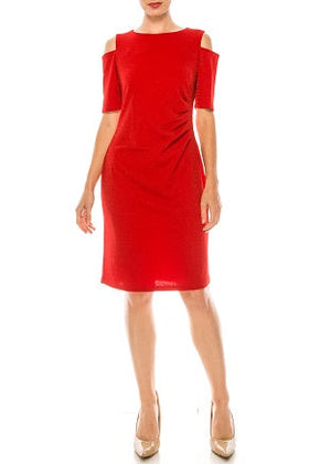 ILE Clothing LUR1384 Side Pleat Cold Shoulder Shimmer Scuba Sheath Dress