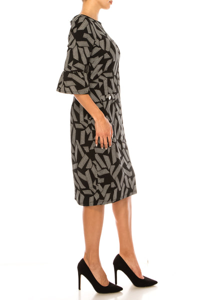 ILE Clothing SCP960 Black White 3/4 Bell Sleeve Printed Sheath Dress