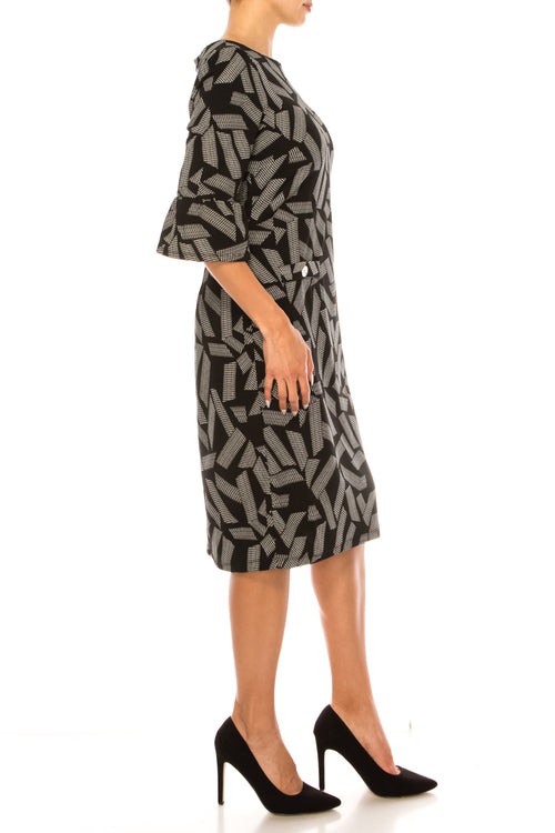 ILE Clothing SCP960 Black White 3/4 Bell Sleeve Printed Sheath Dress
