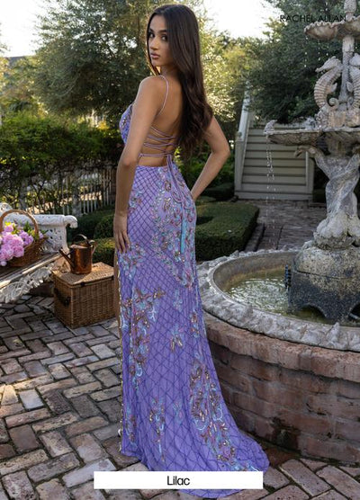 Rachel Allan 70734 Beaded Lace-Up Back Slit Gown