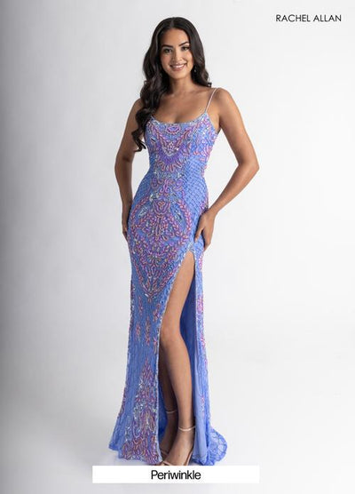 Rachel Allan 70734 Beaded Lace-Up Back Slit Gown