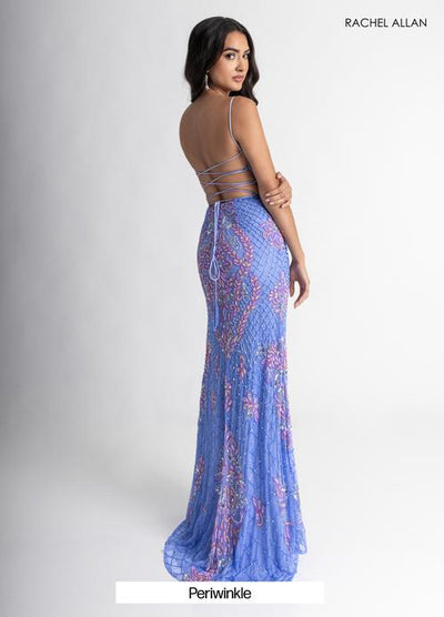 Rachel Allan 70734 Beaded Lace-Up Back Slit Gown