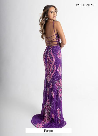 Rachel Allan 70734 Beaded Lace-Up Back Slit Gown