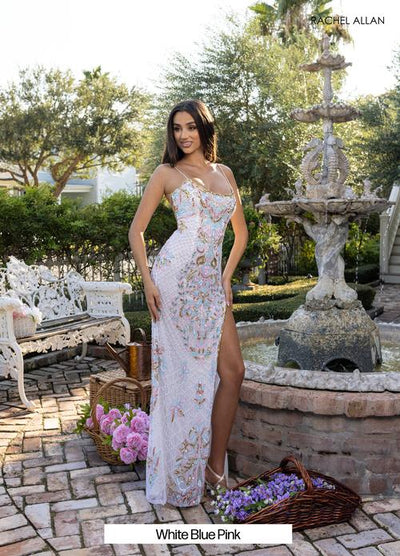Rachel Allan 70734 Beaded Lace-Up Back Slit Gown