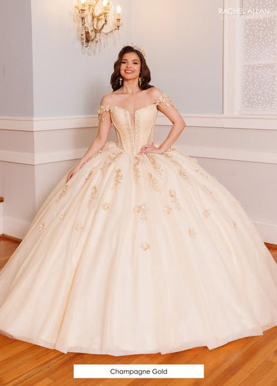 Off-Shoulder Corset Dress with 3D Floral Appliqués Quinceañera Ball Gown by Rachel Allan RQ9003