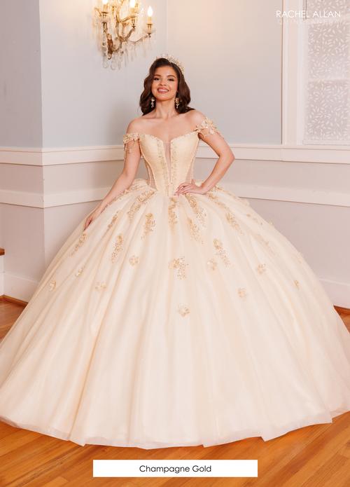Off-Shoulder Corset Dress with 3D Floral Appliqués Quinceañera Ball Gown by Rachel Allan RQ9003