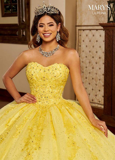 Strapless Sweetheart Beaded Appliqué Glitter Tulle Quinceañera Dress by Rachel Allan MQ2150