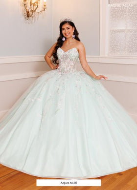 Strapless Quinceañera Ball Gown Floral Lace Corset Tulle Princess Dress by Rachel Allan RQ9000