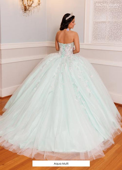 Strapless Quinceañera Ball Gown Floral Lace Corset Tulle Princess Dress by Rachel Allan RQ9000