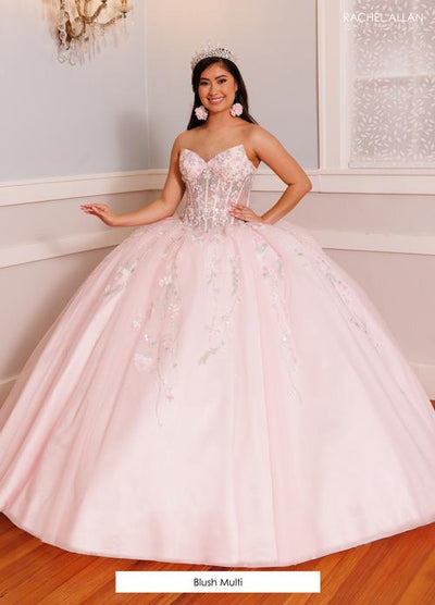 Strapless Quinceañera Ball Gown Floral Lace Corset Tulle Princess Dress by Rachel Allan RQ9000