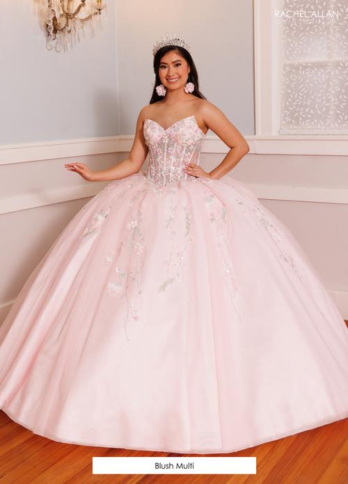 Strapless Quinceañera Ball Gown Floral Lace Corset Tulle Princess Dress by Rachel Allan RQ9000