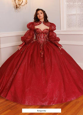 Quinceañera Ball Gown with Embroidery and Detachable Puff Sleeve by Rachel Allan RQ9001