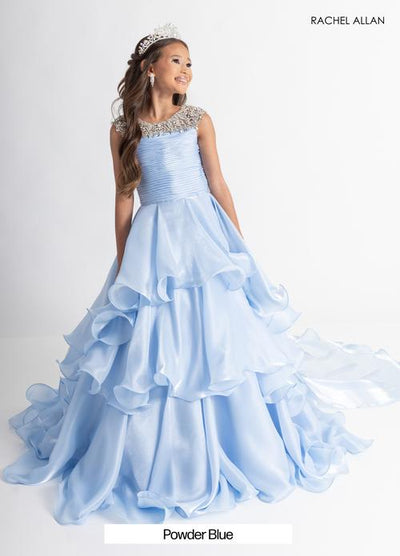 Jewel Illusion Neck Crystal Beaded Pleated Bodice Tiered Organza Ball Gown Dress by Rachel Allan 10310