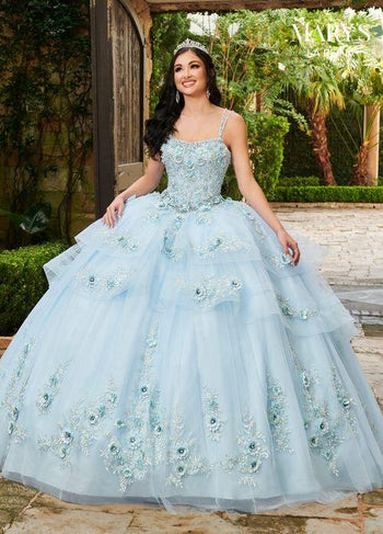 Scooped Neck Beaded Spaghetti Strap Floral Embroidery Tiered Tulle Ball Gown by Rachel Allan MQ2124