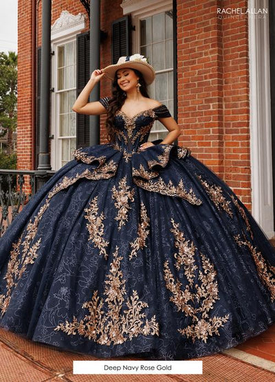 Off Shoulder Sweetheart Floral Appliqué Corset Glitter Tulle Ball Gown by Rachel Allan RB1191