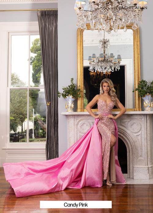 Beaded Sequin Sheath Prom Formal Gown with Taffeta Overskirt by Rachel Allan OVL1000