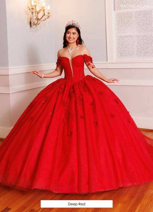 deep red off the shoulder dress Off-Shoulder Ball Gown by Rachel Allan RQ9003 Size:4XL(28-30) Uniforms of the United defining bodycon silhouette Fabric:TULLE