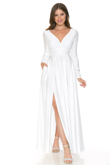 Wedding Dress Deep V-Neck Long Sleeve Engagement Gown By Lenovia 5231