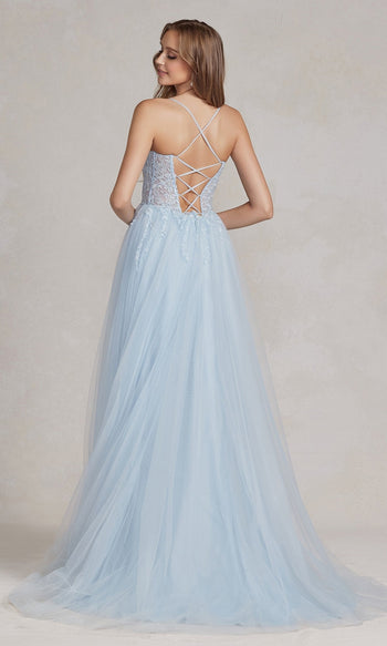 Vestido de fiesta largo en tonos pastel con elegante corpiño tipo corsé