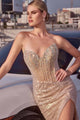 Ladivine J4055 Strapless Sequin Dress in Champagne