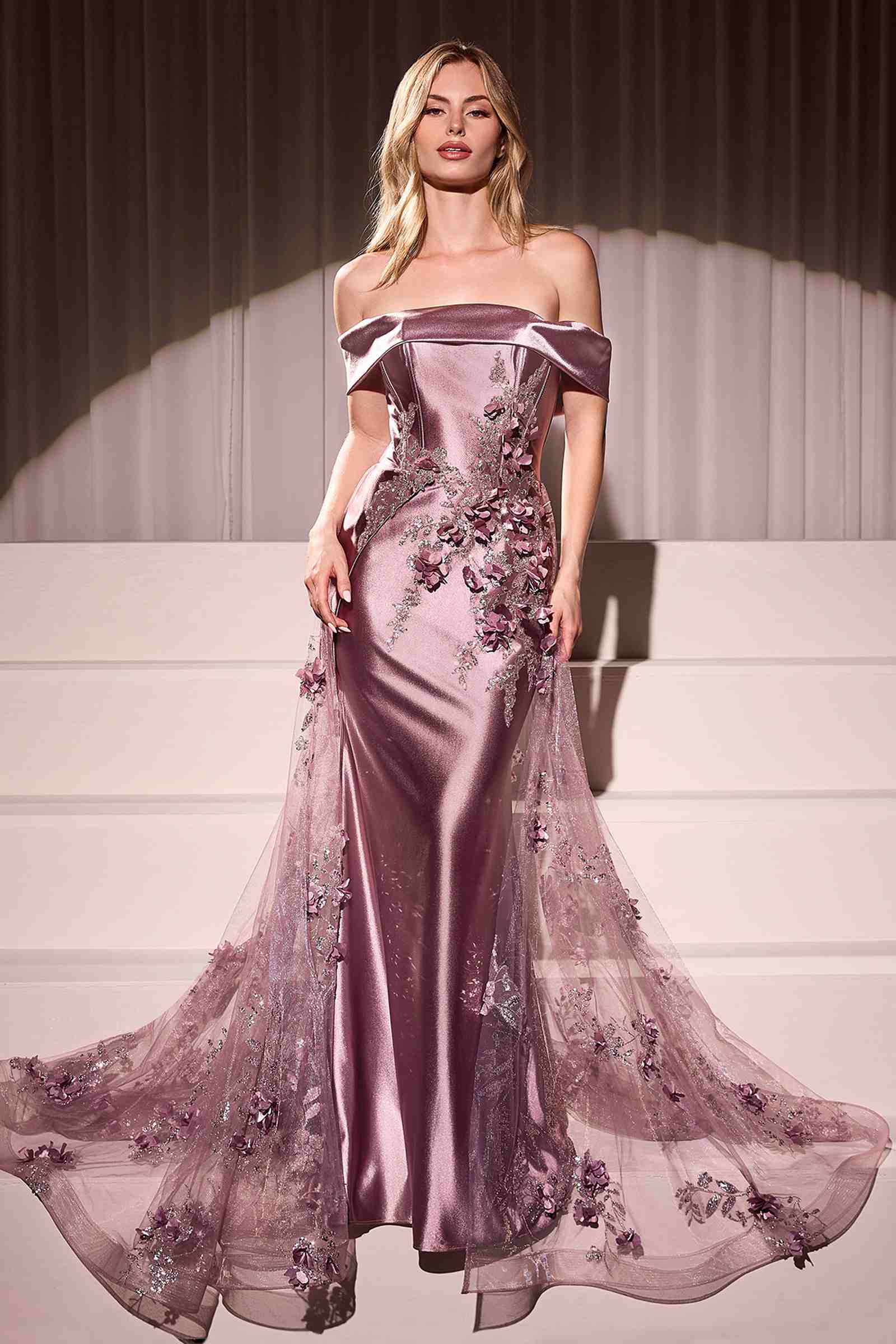 Ladivine J876 Dress Embellished Satin Fitted Gown With Tulle Overskirt - mauve