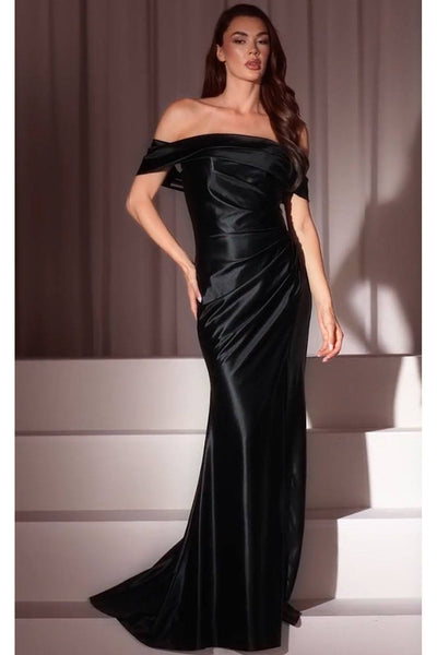 Ladivine J877 Dress Glistening Satin Off the Shoulder Gown - black