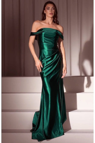 Ladivine J877 Dress Glistening Satin Off the Shoulder Gown - emerald