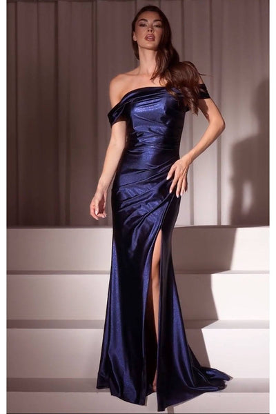 Ladivine J877 Dress Glistening Satin Off the Shoulder Gown - navy