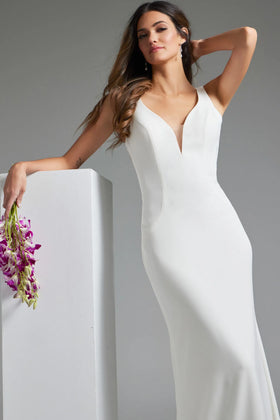 Crepe Wedding Dress with Deep V-Neck Lace Back Elegant Fitted Bridal Gown by Jovani JB42222