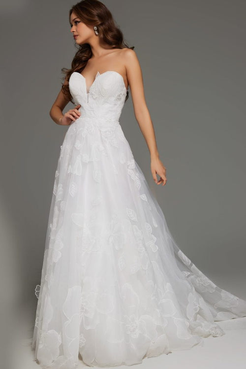 Strapless Sweetheart Lace Wedding Dress with Floral Tulle A-line Gown Skirt by Jovani JB42324