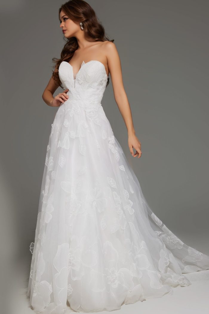 Strapless Sweetheart Lace Wedding Dress with Floral Tulle A-line Gown Skirt by Jovani JB42324