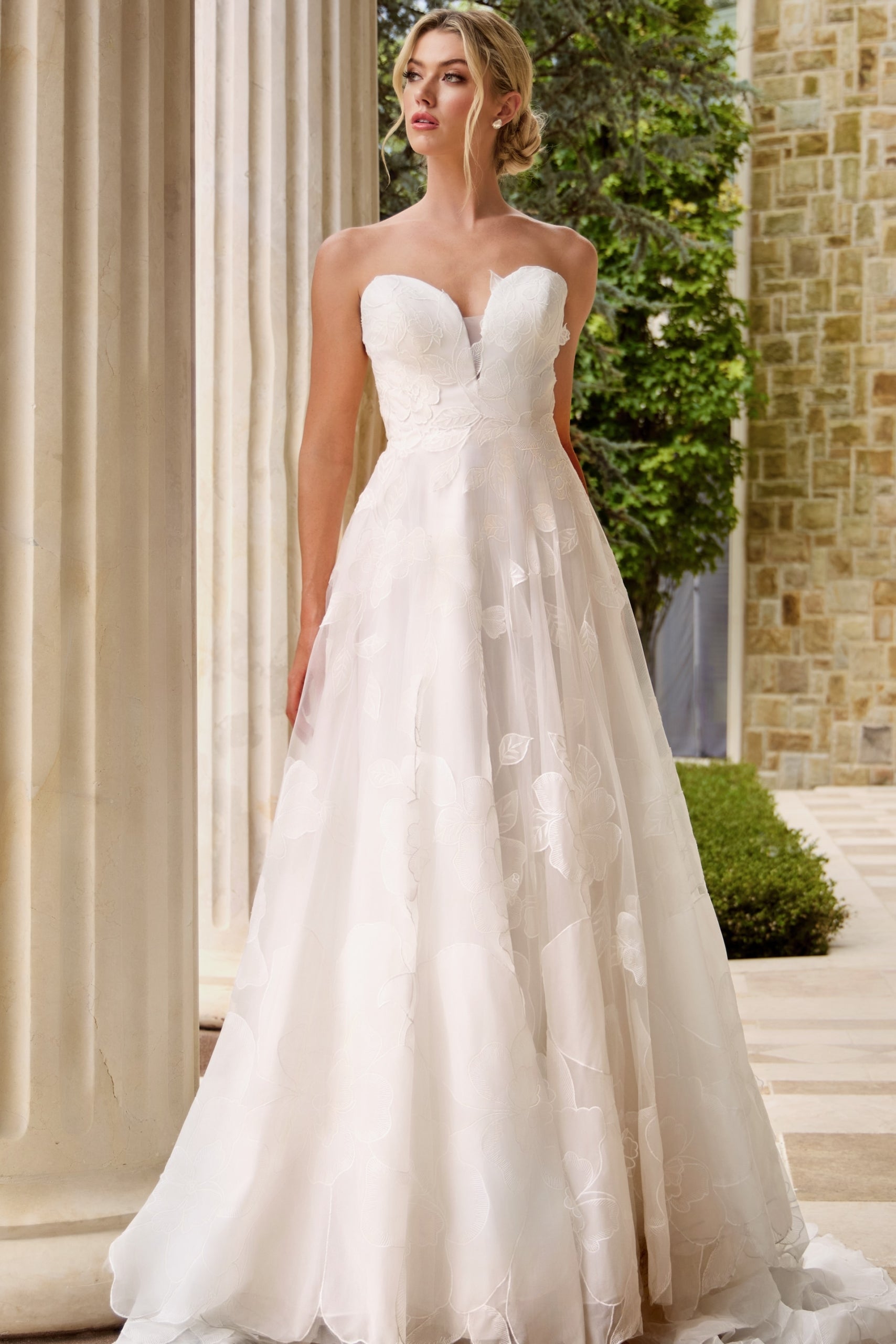 Strapless Sweetheart Lace Wedding Dress with Floral Tulle A-line Gown Skirt by Jovani JB42324