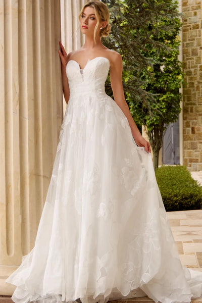 Strapless Sweetheart Lace Wedding Dress with Floral Tulle A-line Gown Skirt by Jovani JB42324