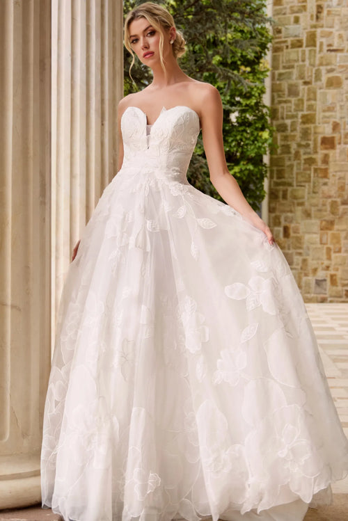 Strapless Sweetheart Lace Wedding Dress with Floral Tulle A-line Gown Skirt by Jovani JB42324