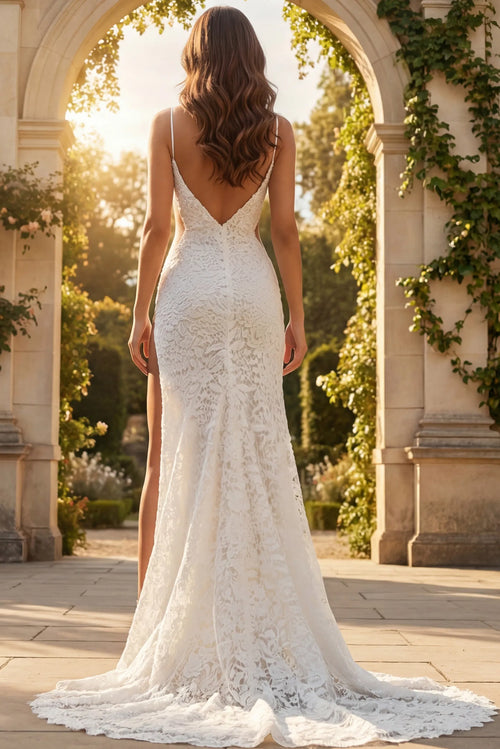 Sleeveless Lace Bridal Gown with Plunging V-Neck Open Back & High Slit Dress by Jovani JB42771