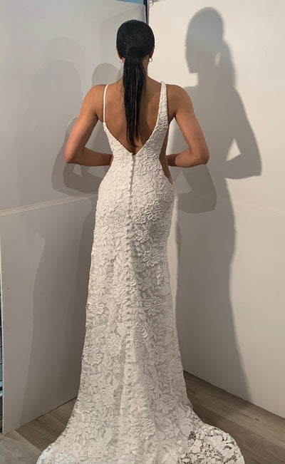 Sleeveless Lace Bridal Gown with Plunging V-Neck Open Back & High Slit Dress by Jovani JB42771