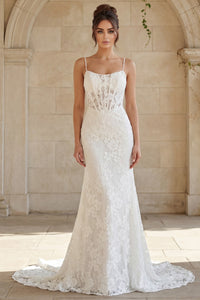 Lace Wedding Dress with Sheer Corset Bodice Spaghetti Straps & Chapel Train by Jovani JB45719