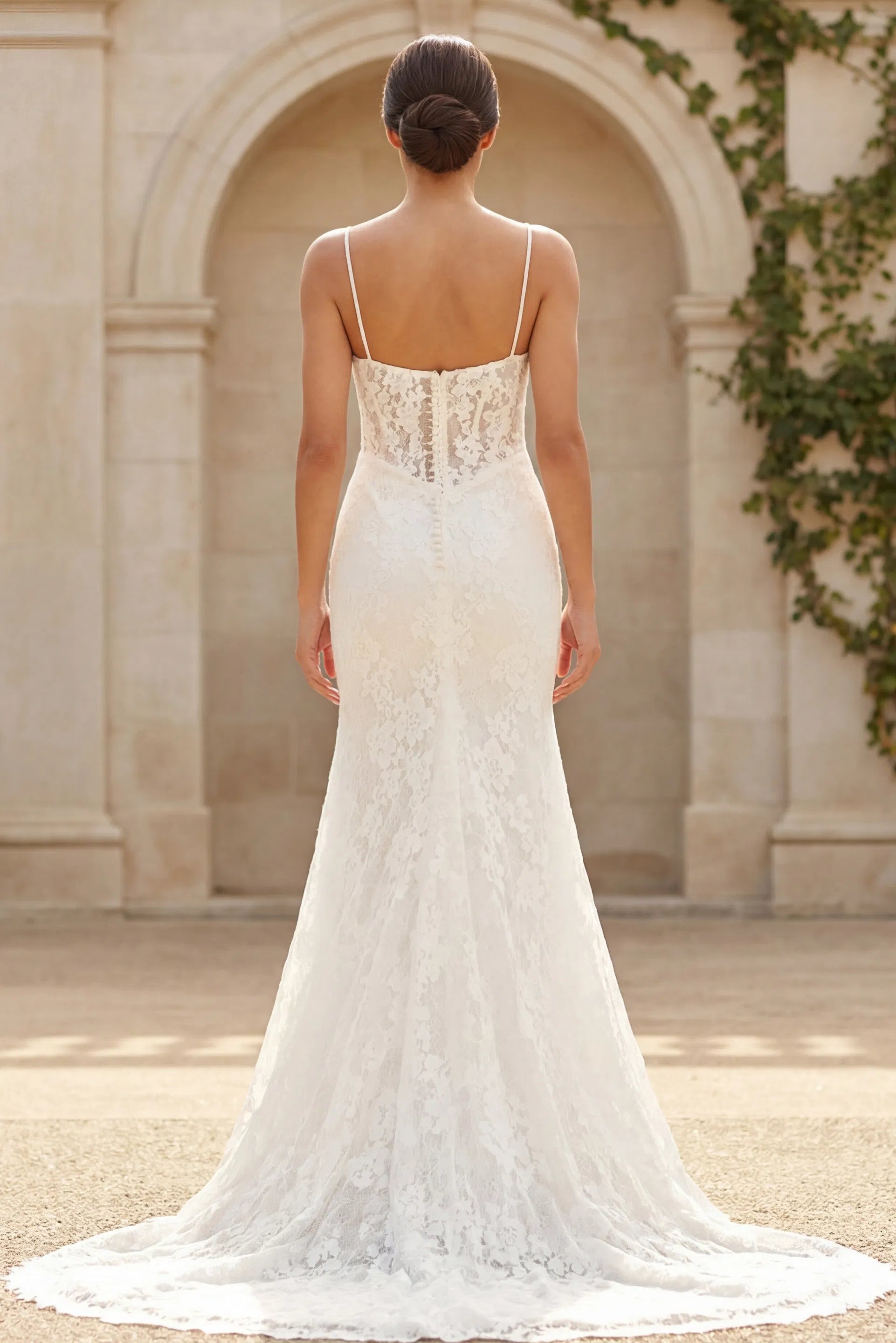 Lace Wedding Dress with Sheer Corset Bodice Spaghetti Straps & Chapel Train by Jovani JB45719