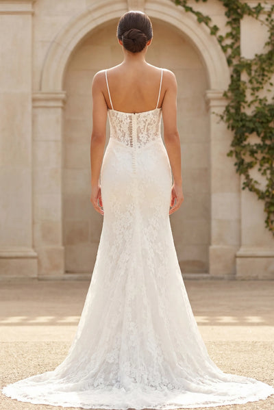 Lace Wedding Dress with Sheer Corset Bodice Spaghetti Straps & Chapel Train by Jovani JB45719