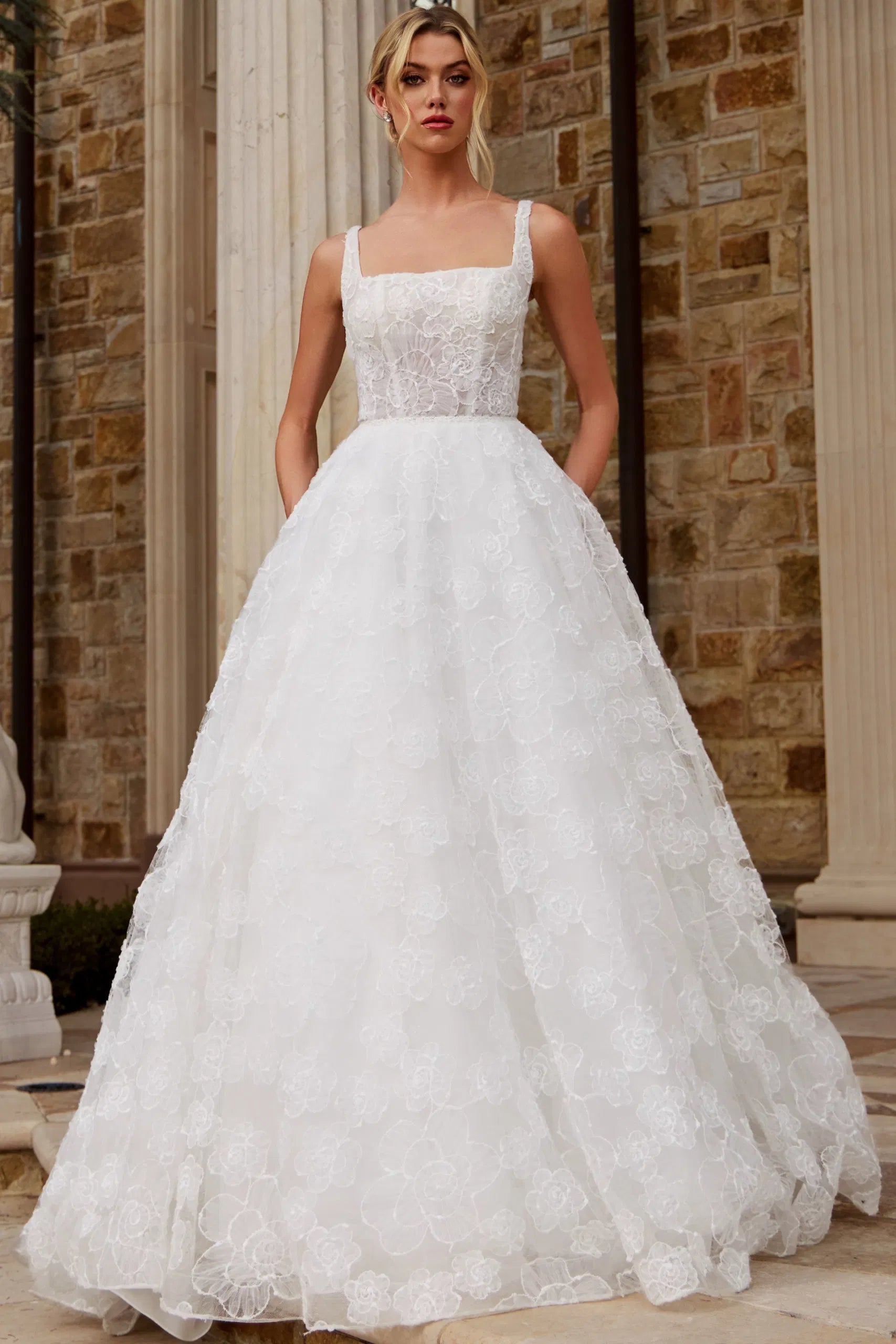 Lace Ball Gown Wedding Dress with Square Neckline Floral Lace Tulle Skirt by Jovani JB45834